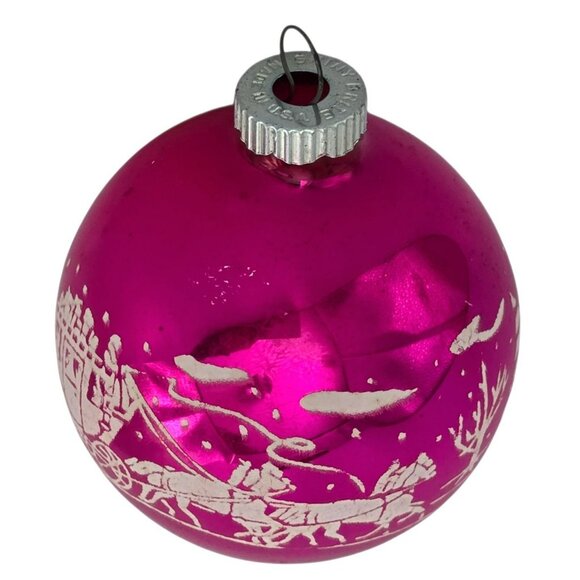 VTG Shiny Brite Stencil Stagecoach Pink Glass Christmas Ornament Horses Snow MCM - Picture 10 of 12